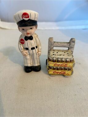Coca Cola delivery man salt and pepper shakers with Yellow Bottle Crates